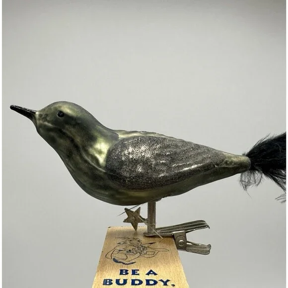 3 Blown Glass Bird Clip On Ornaments Feather Tails Gold & Black Glitter Vintage - Picture 8 of 16